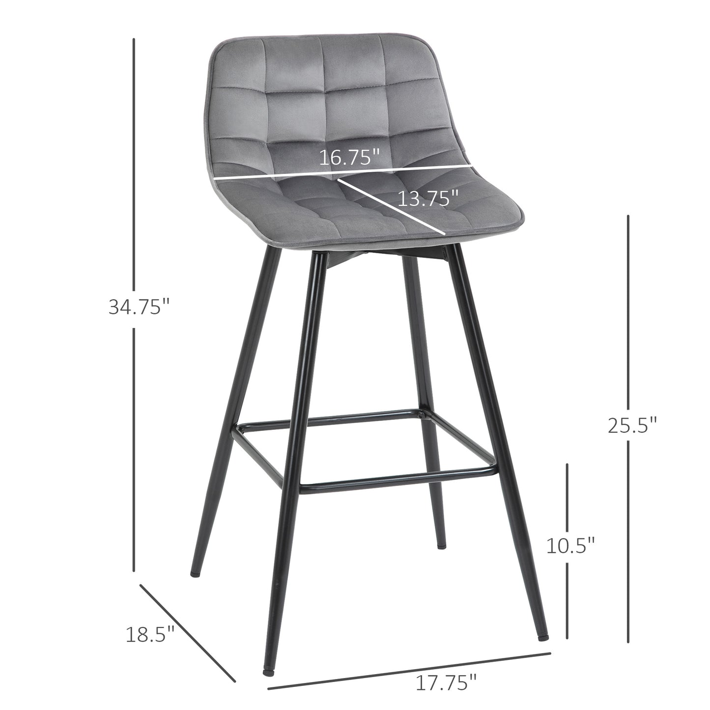 Bar Stools Set of 2 Velvet-Touch Dining Chairs Kitchen Counter Chairs Fabric Upholstered seat with Metal Legs, Backrest, Grey