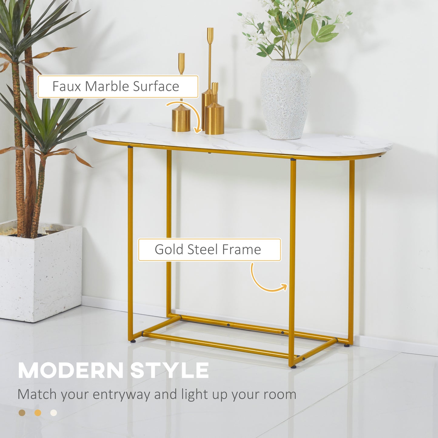 47" Console Table, Modern Sofa Table with Gold Steel Legs for Entryway, Living Room and Bedroom, White and Gold