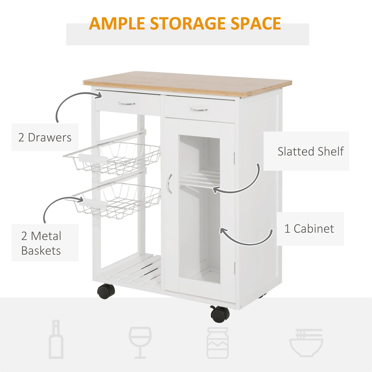 34" Rolling Wood Kitchen Trolley Serving Cart with Drawer and Cabinet Wheeled Kitchen Storage Island White with Bamboo Top