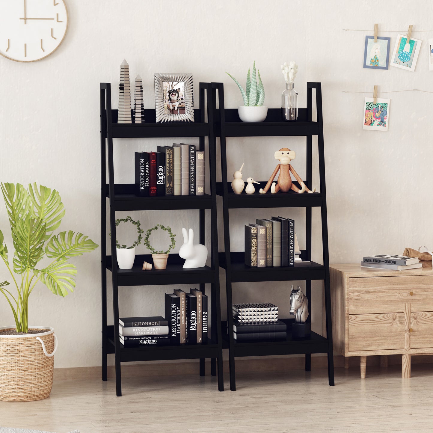 Set of 2 4 Tier Ladder Shelf Bookcase Multi-Use Display Rack Storage Shelving Unit Display Stand Flower Plant Holder Black