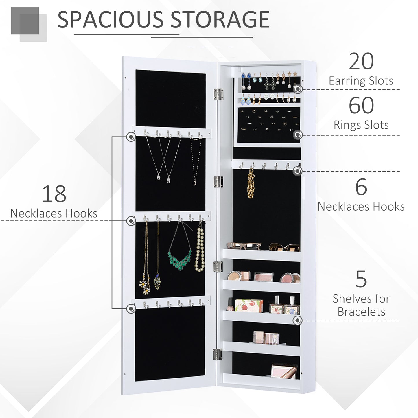 Jewelry Cabinet with Full Length Mirror, Wall Mounted Jewelry Armoire Storage Organizer, White