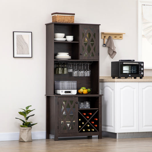 72" Kitchen Pantry, Buffet with Hutch, Cupboard for Microwave, 2 Door Cabinets, Wine Glasses Rack, Wine Rack, Brown