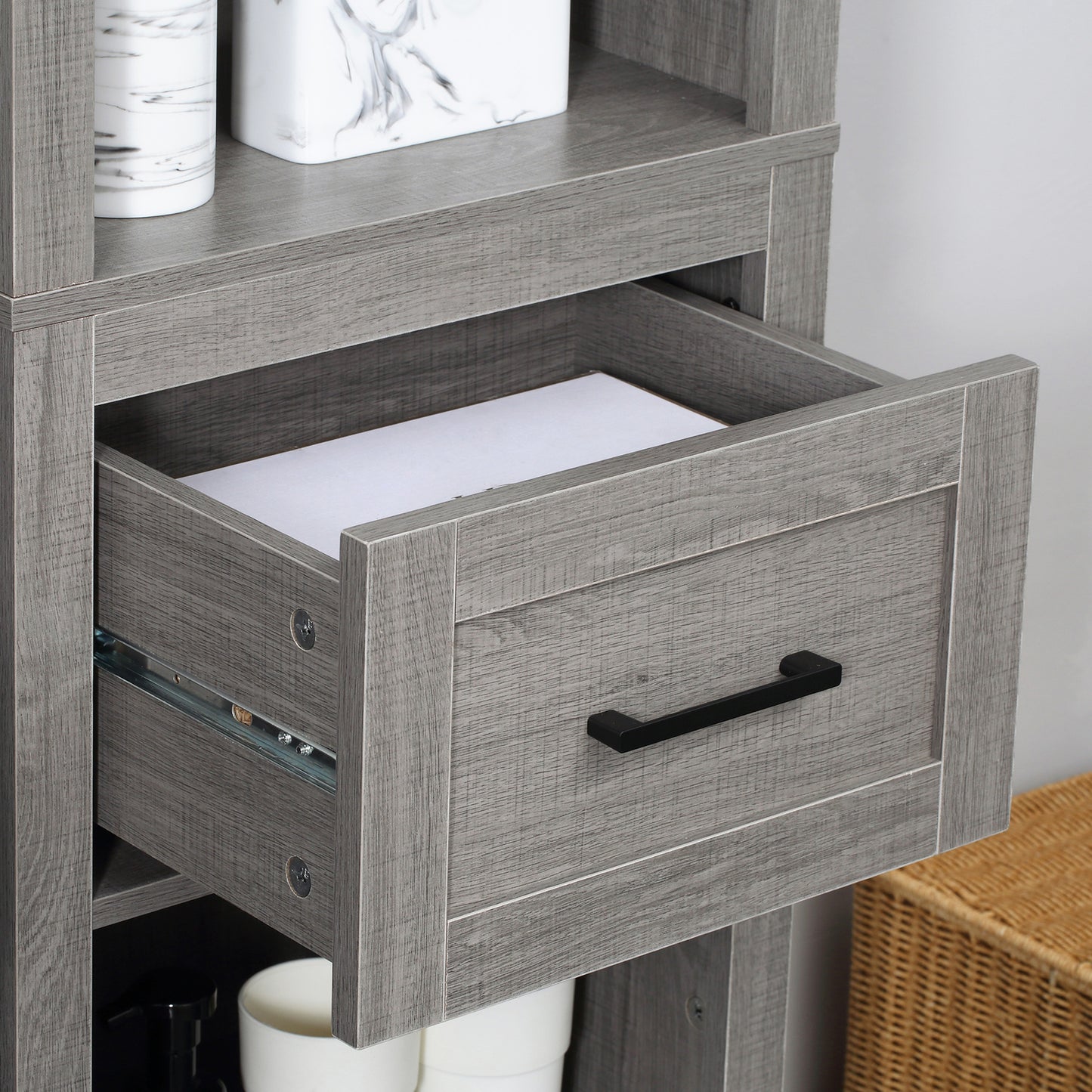 Narrow Bathroom Storage Cabinet with Drawer and 5 Tier Shelf, Tall Cupboard Freestanding Linen Towel, Grey