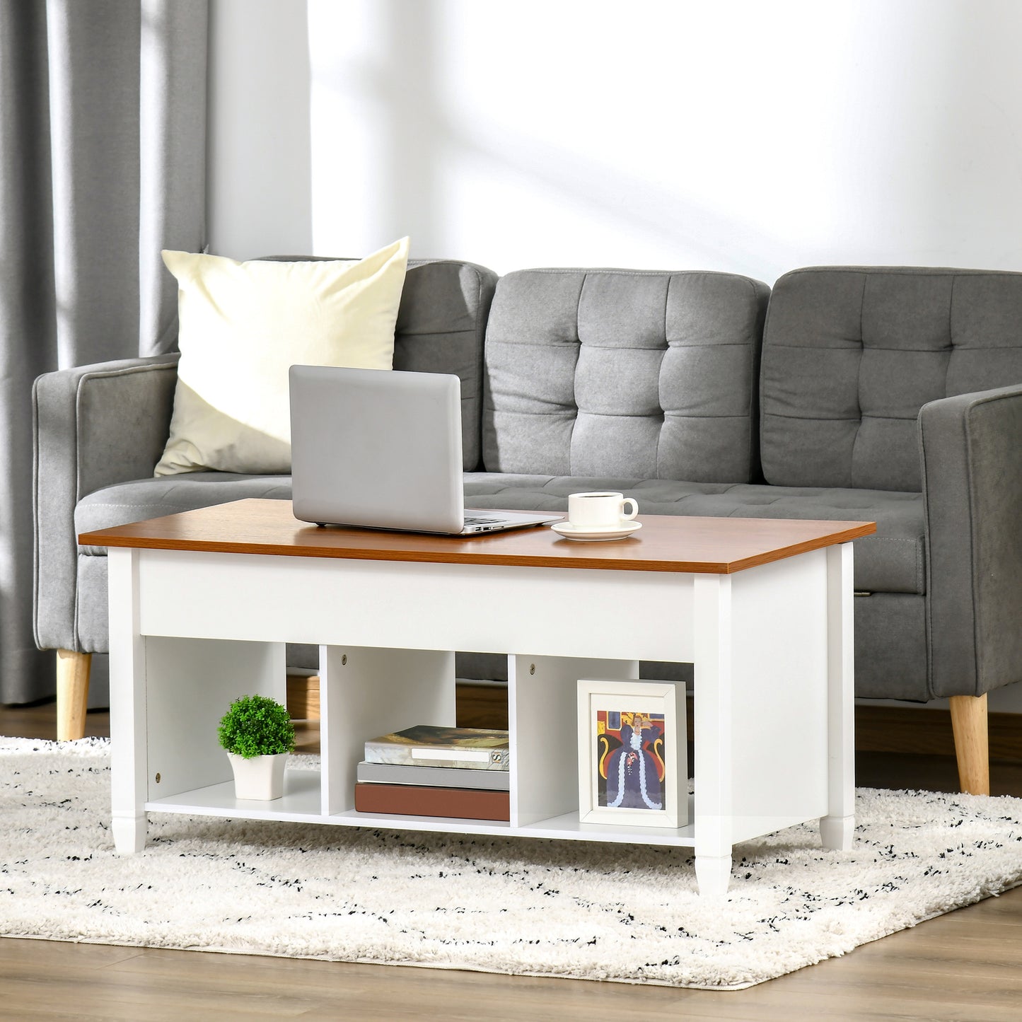 Lift Top Coffee Table with Hidden Storage Compartment and 3 Lower Shelves, Pop-Up Center Table for Living Room, White and Brown