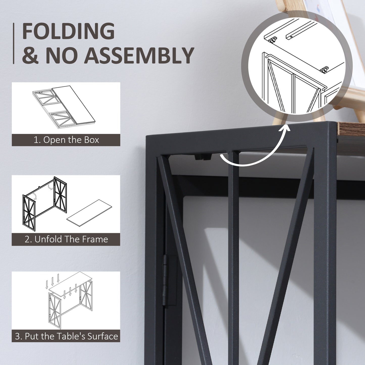 Foldable Console Table, Industrial Sofa Table, Narrow Farmhouse Table with Metal Frame for Living Room, Entryway, Foyer, Brown