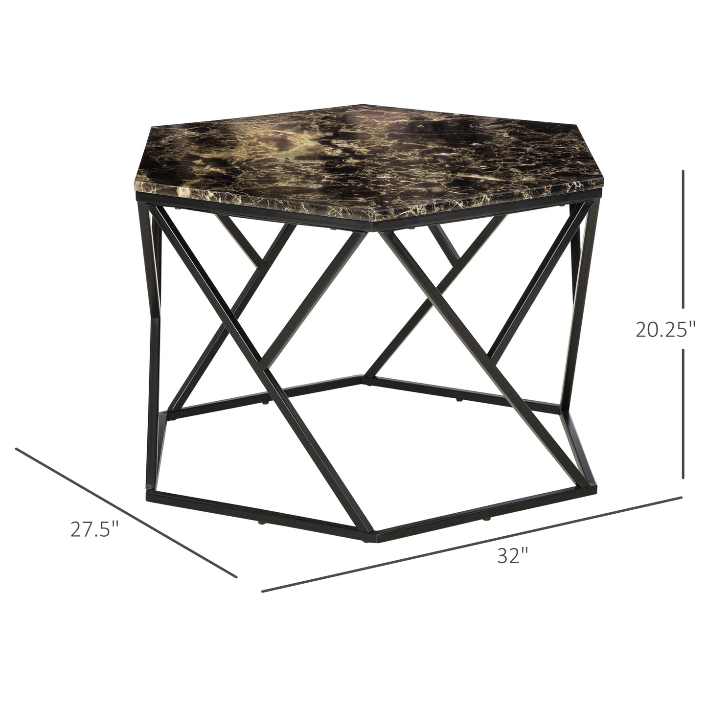 Coffee Table with High Gloss Marble Tabletop, Modern Cocktail Table with Steel Frame for Living Room, Black