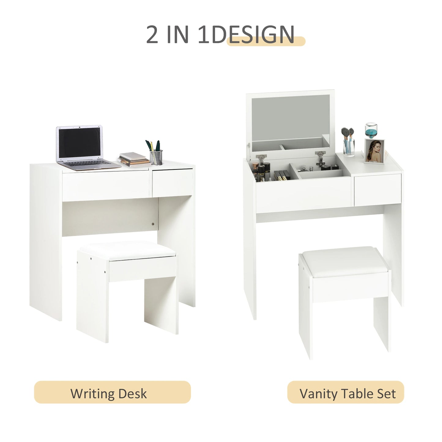 Mirrored Vanity Set Dresser Table Stool Set Flip Top Bedroom White