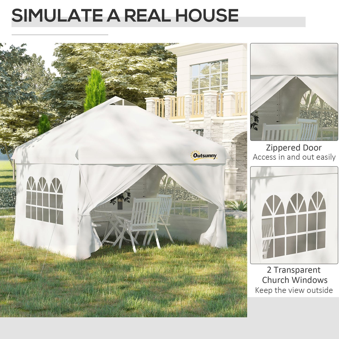 Outsunny 10' x 10' Pop Up Canopy Tent, Instant Shelter Tent with Sidewalls, Windows, Roller Bag for Garden, Patio, White