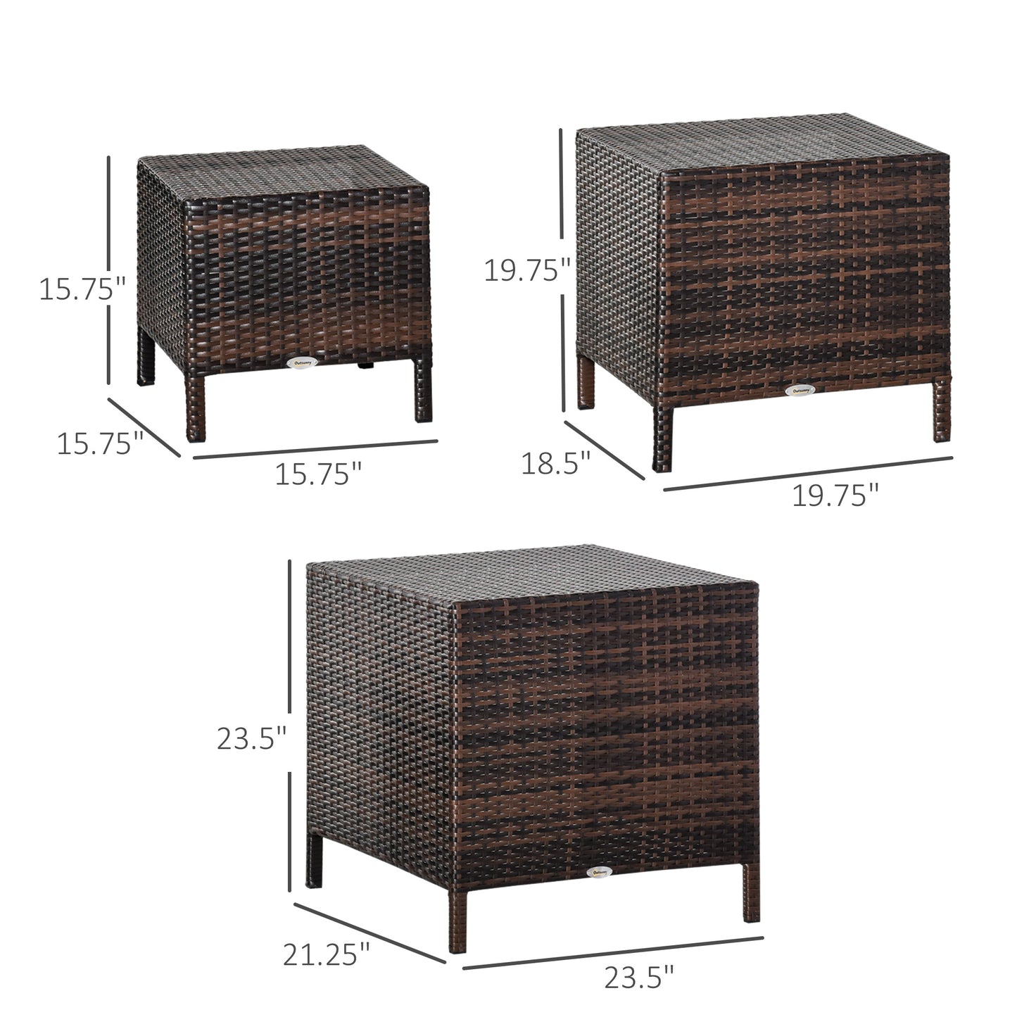 Outsunny Set of 3 Wicker Nesting Tables Patio Rattan Snack End Side Tables Hand Woven All Weather Garden Outdoor Home Furniture Brown