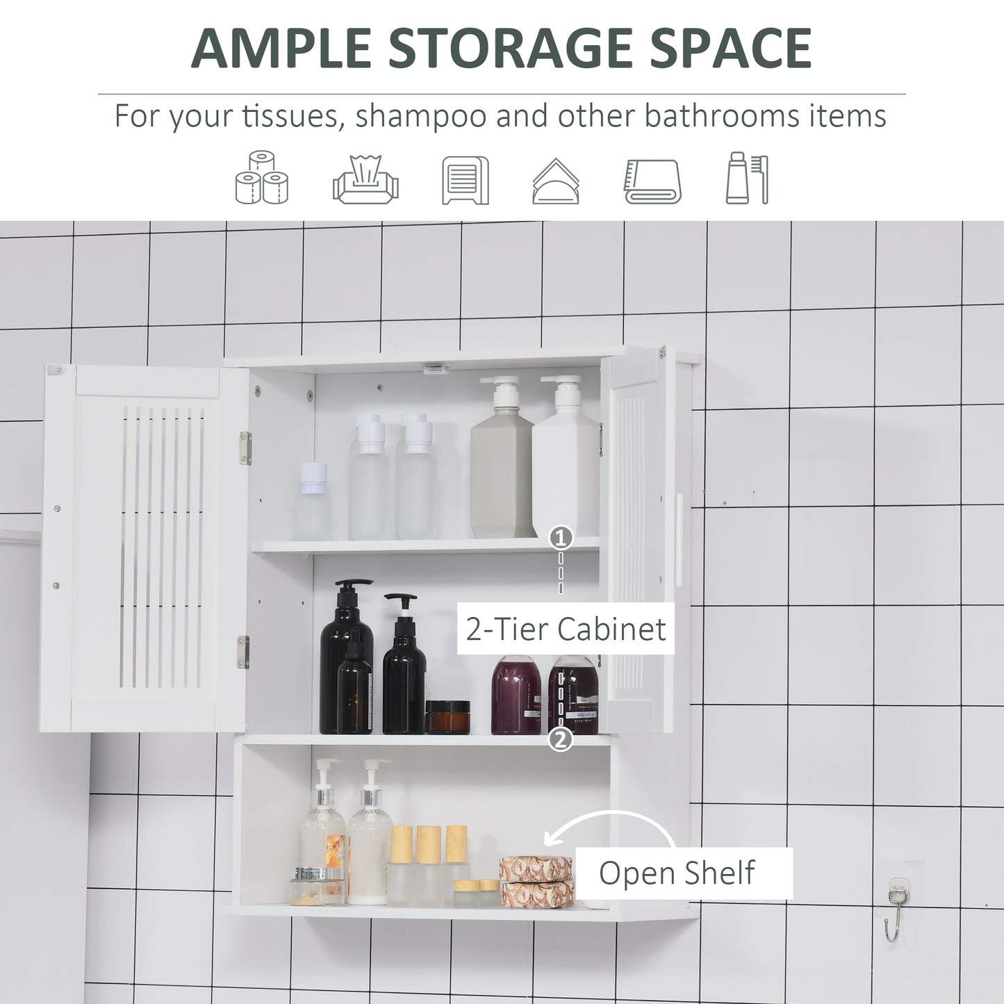 Modern Wall Mount Bathroom Cabinet, Storage Organizer with 2 Door Cabinet and Shelf, White