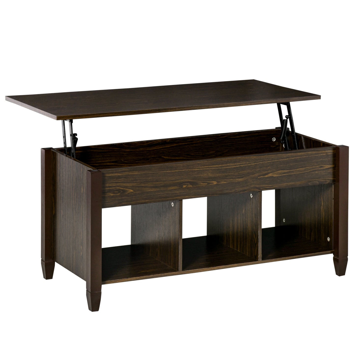 Lift Top Coffee Table with Hidden Storage Compartment and 3 Lower Shelves, Pop-Up Center Table for Living Room, Espresso