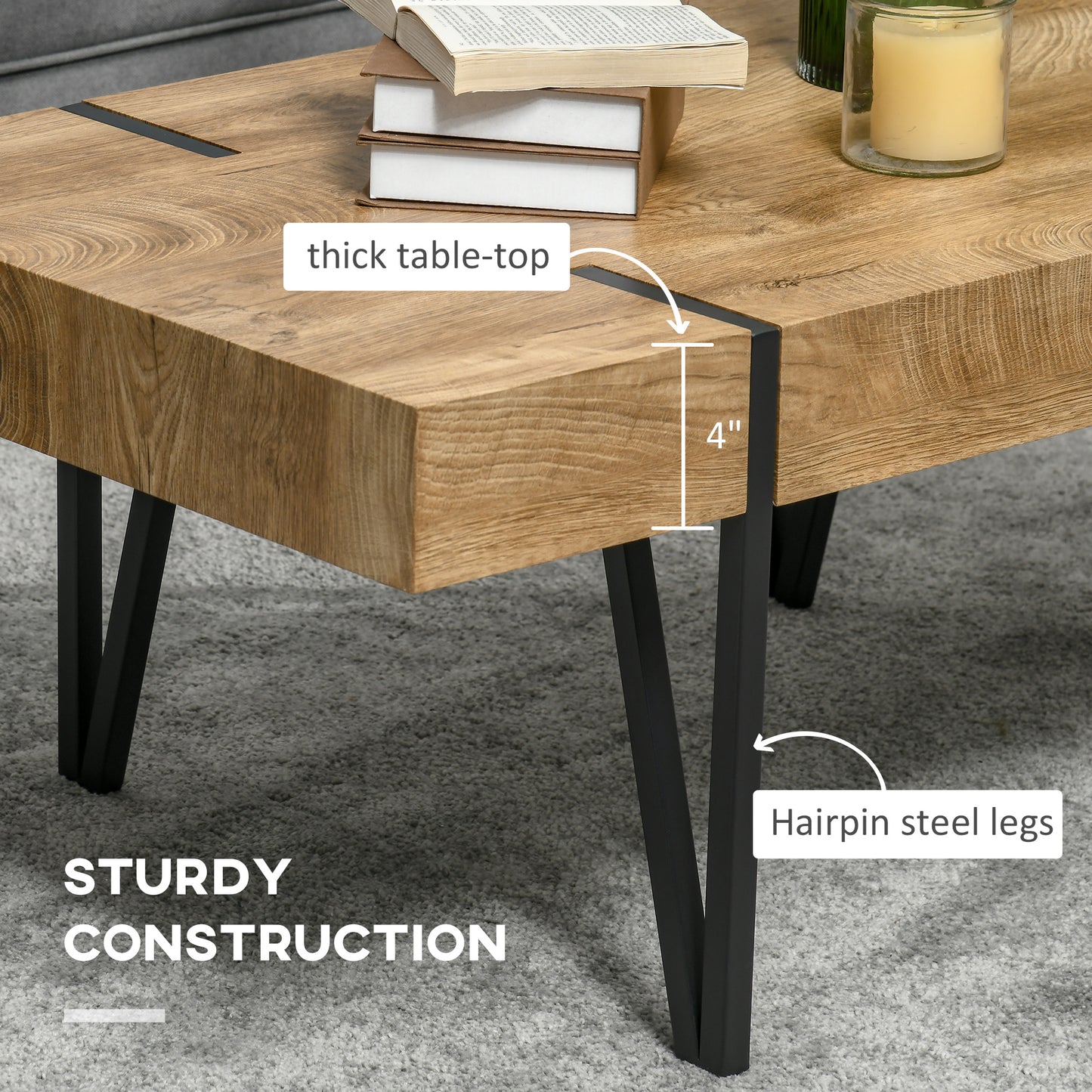 Rustic Coffee Table, Rectangle Nature Cocktail Table with Steel Hairpin Legs for Living Room