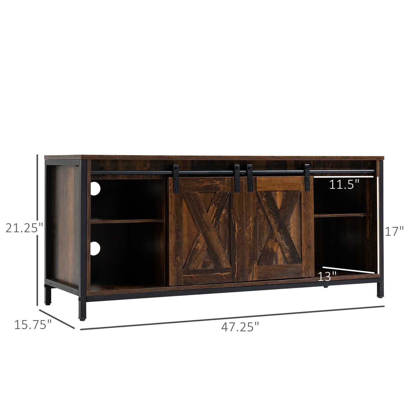 Industrial TV Stand for TVs up to 60", TV Console with Storage and 2 Sliding Barn Doors, Freestanding Entertainment Unit for Living Room, Brown