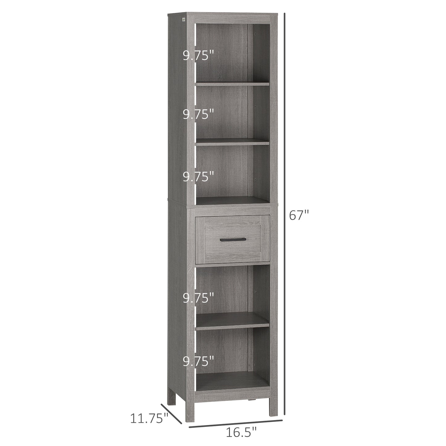 Narrow Bathroom Storage Cabinet with Drawer and 5 Tier Shelf, Tall Cupboard Freestanding Linen Towel, Grey