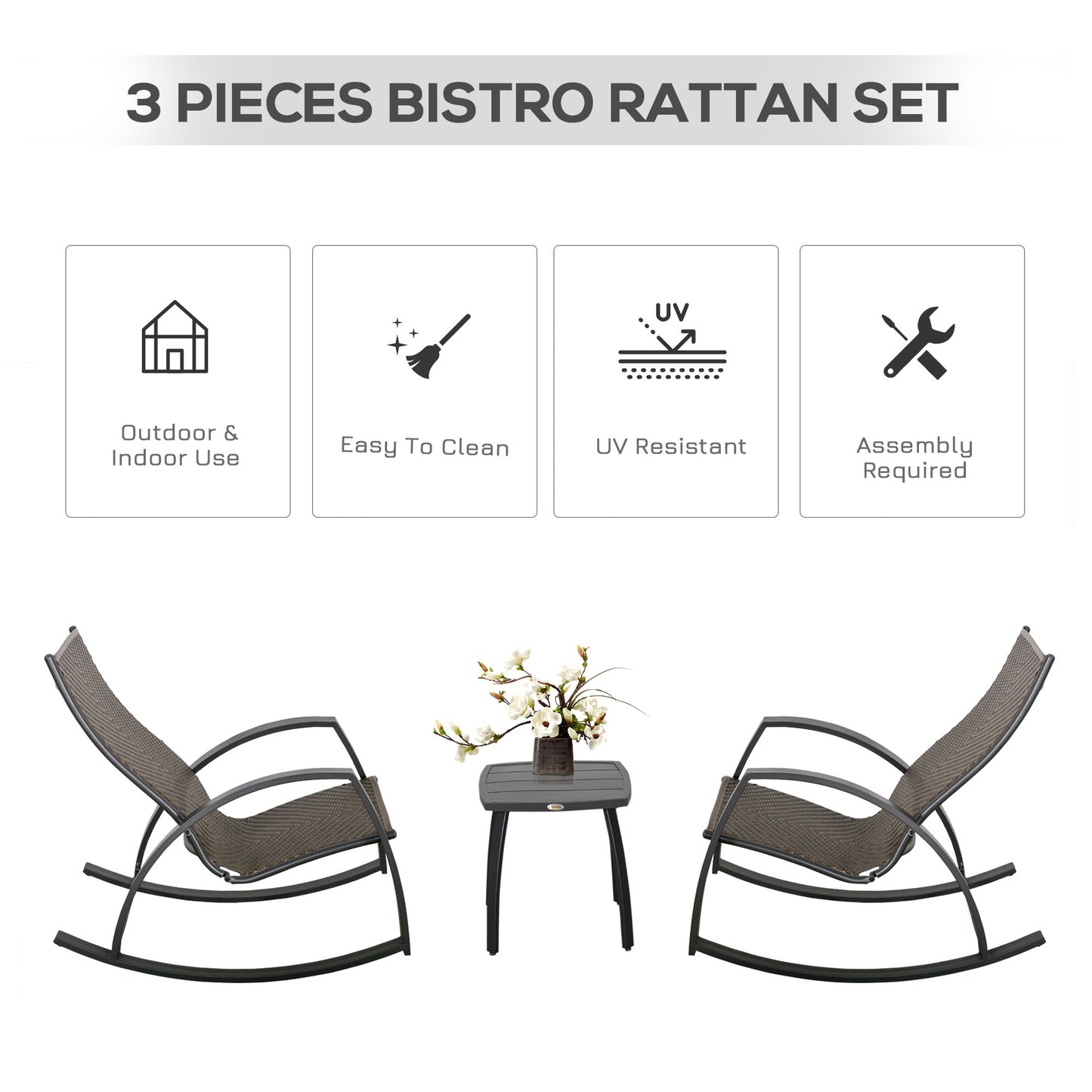 3 Pieces Patio Wicker Rocking Chair Set, Outdoor PE Rattan Bistro Rocker Set w/ Aluminum Frame, and Glass Top Coffee Table for Garden, Porch, Poolside, Brown