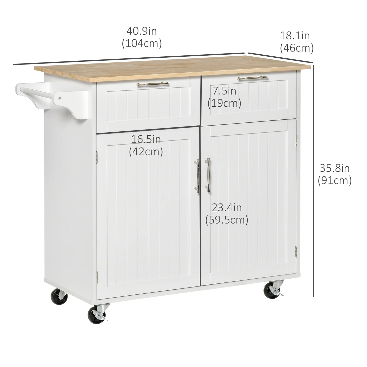 Rolling Kitchen Island with Storage Drawers, Kitchen Cart with Rubber Wood Top, Cabinet & Towel Rack, White