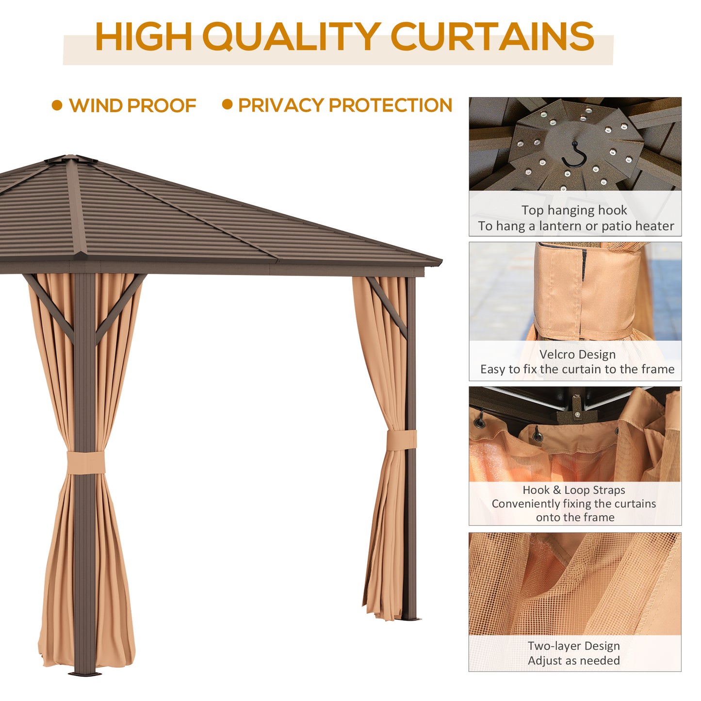 Outsunny 10' x 10' Hardtop Gazebo Outdoor Gazebo Canopy with Mosquito Netting, Curtains, Hanging Hook and Aluminum Frame, Brown