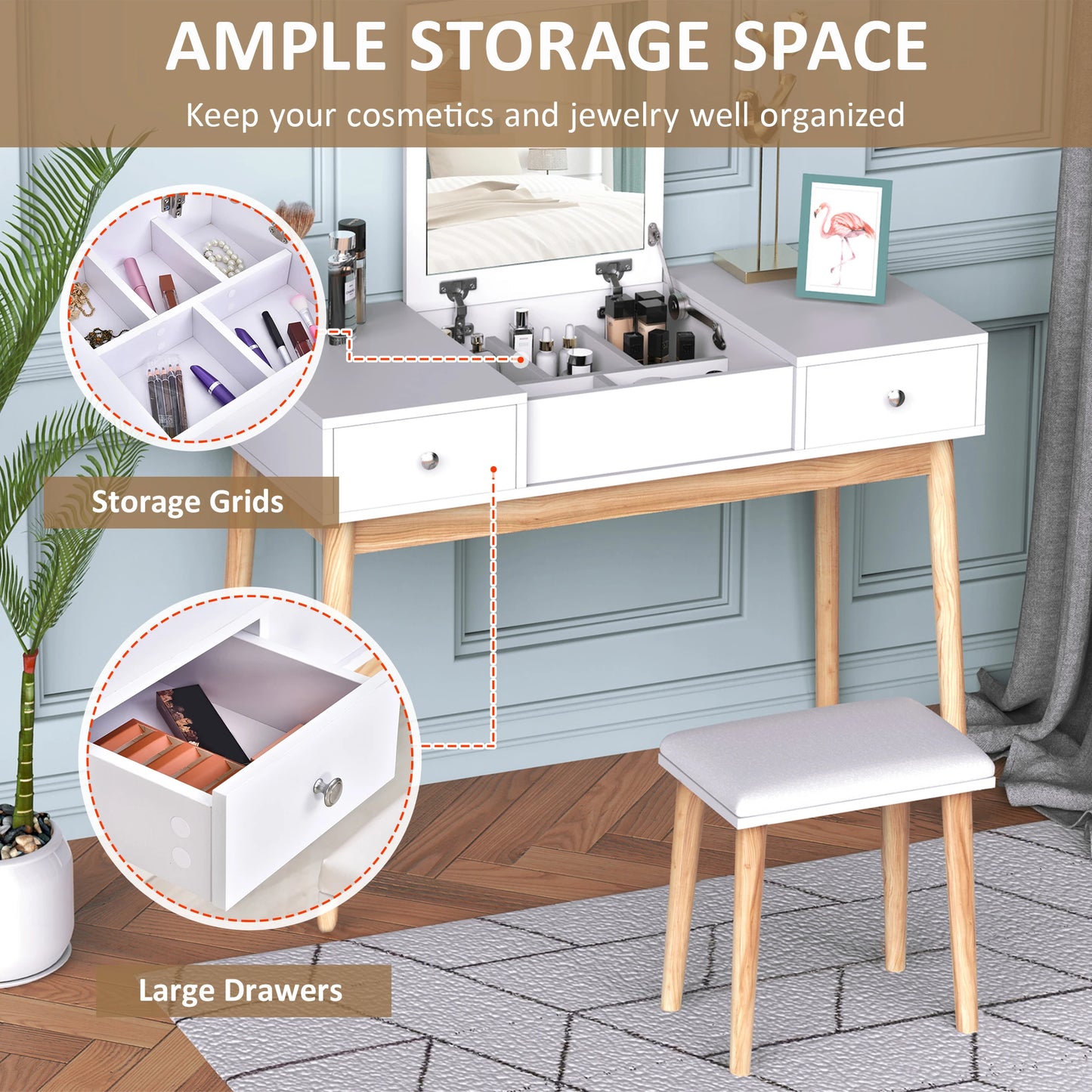 Dressing Table Set with Mirror 2 Drawers Cushioned Stool Makeup Table White