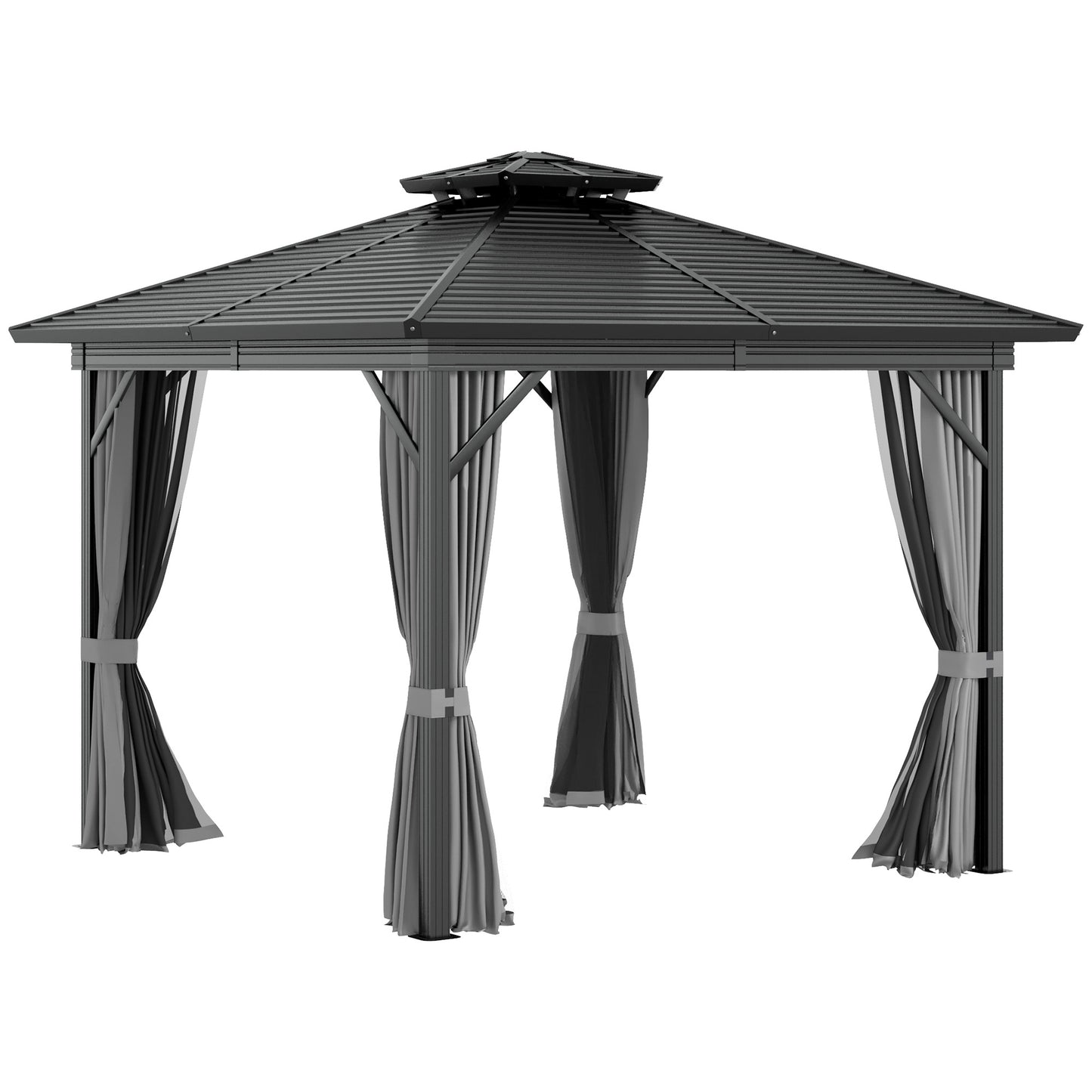 Outsunny 10' x 10' Steel Hardtop Gazebo Garden Sun Shelter with Mosquito Netting and Curtains Hanging Hook Aluminum Frame Black