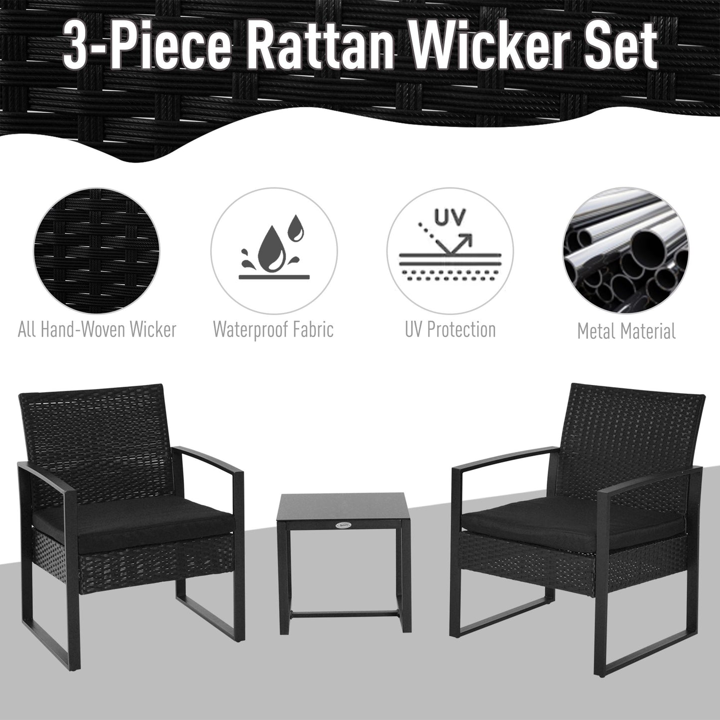 Outsunny 3 Pieces Wicker Bistro Set Rattan Outdoor Furniture Patio Conversation Set Coffee Table Garden Chair with Cushions & Steel Frame, Black