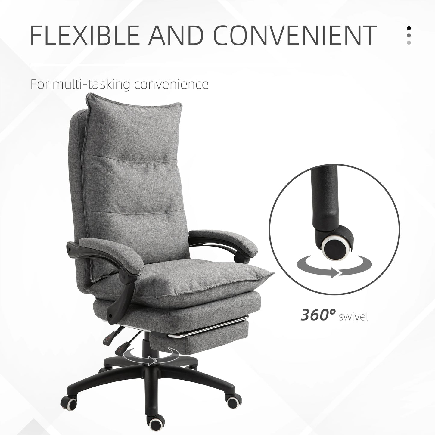 Office Chair 360° Swivel Adjustable Height Linen Style Fabric Recliner with Retractable Footrest and Double Padding, Grey