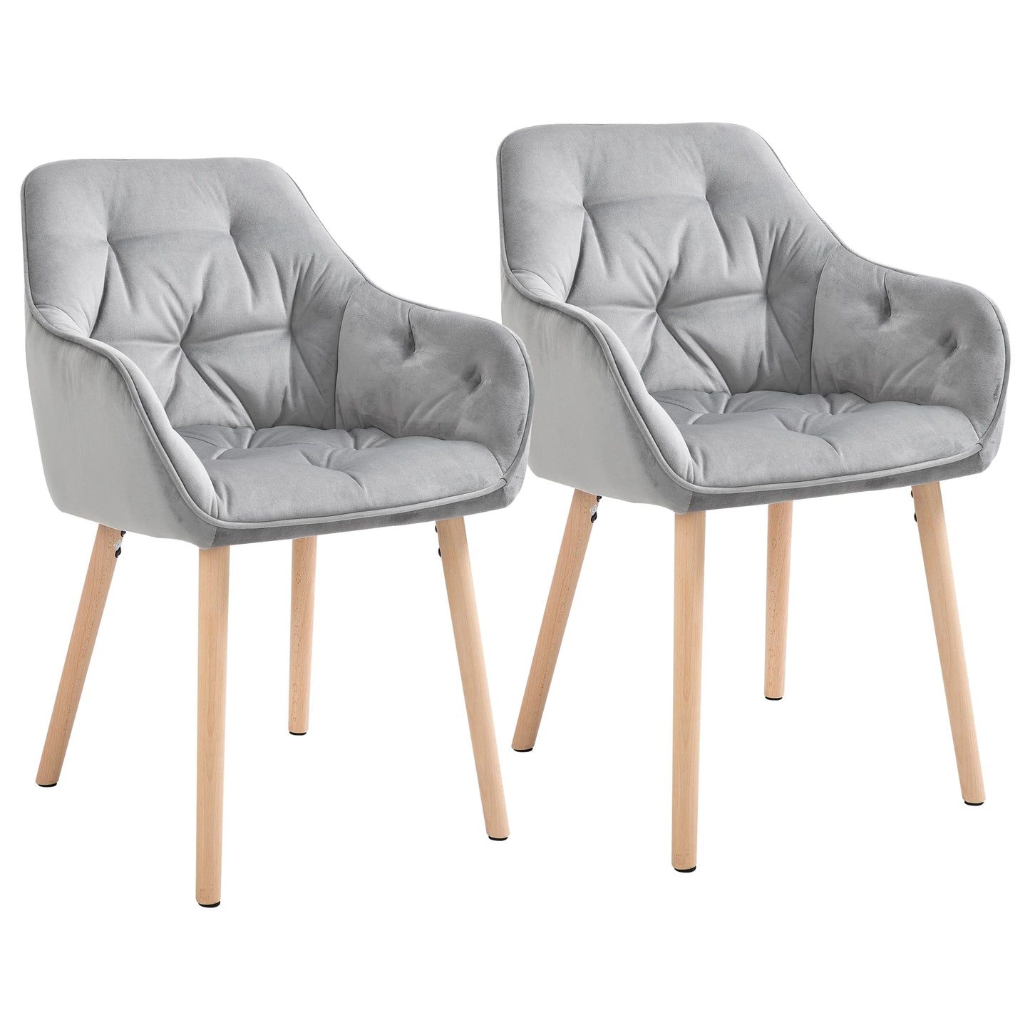 Tufted Dining Chairs Upholstered Velvet-Touch Fabric Accent Chairs with Beech Wood Legs Set of 2 Grey