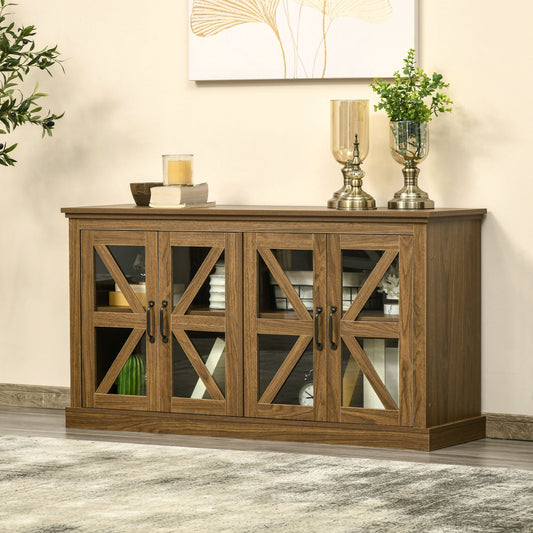 Rustic Kitchen Sideboard, Tempered Glass Door Buffet Cabinet, Coffee Bar with Adjustable Shelf for Dining Room, Natural