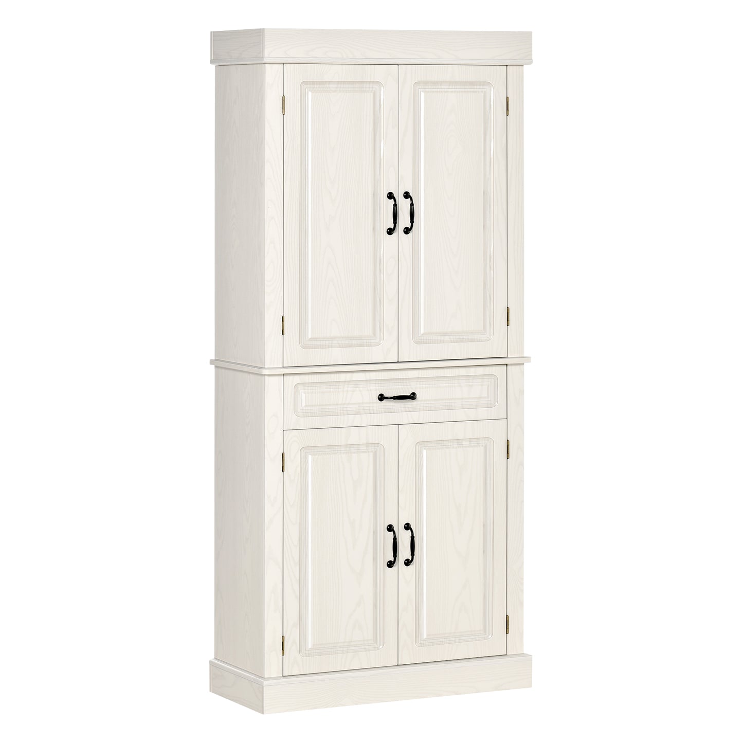 71" Freestanding Kitchen Pantry with 4 Doors, and 2 Large Cabinets, Tall Storage Cabinet with Wide Drawer for Kitchen Dining Room, White Wood Grain