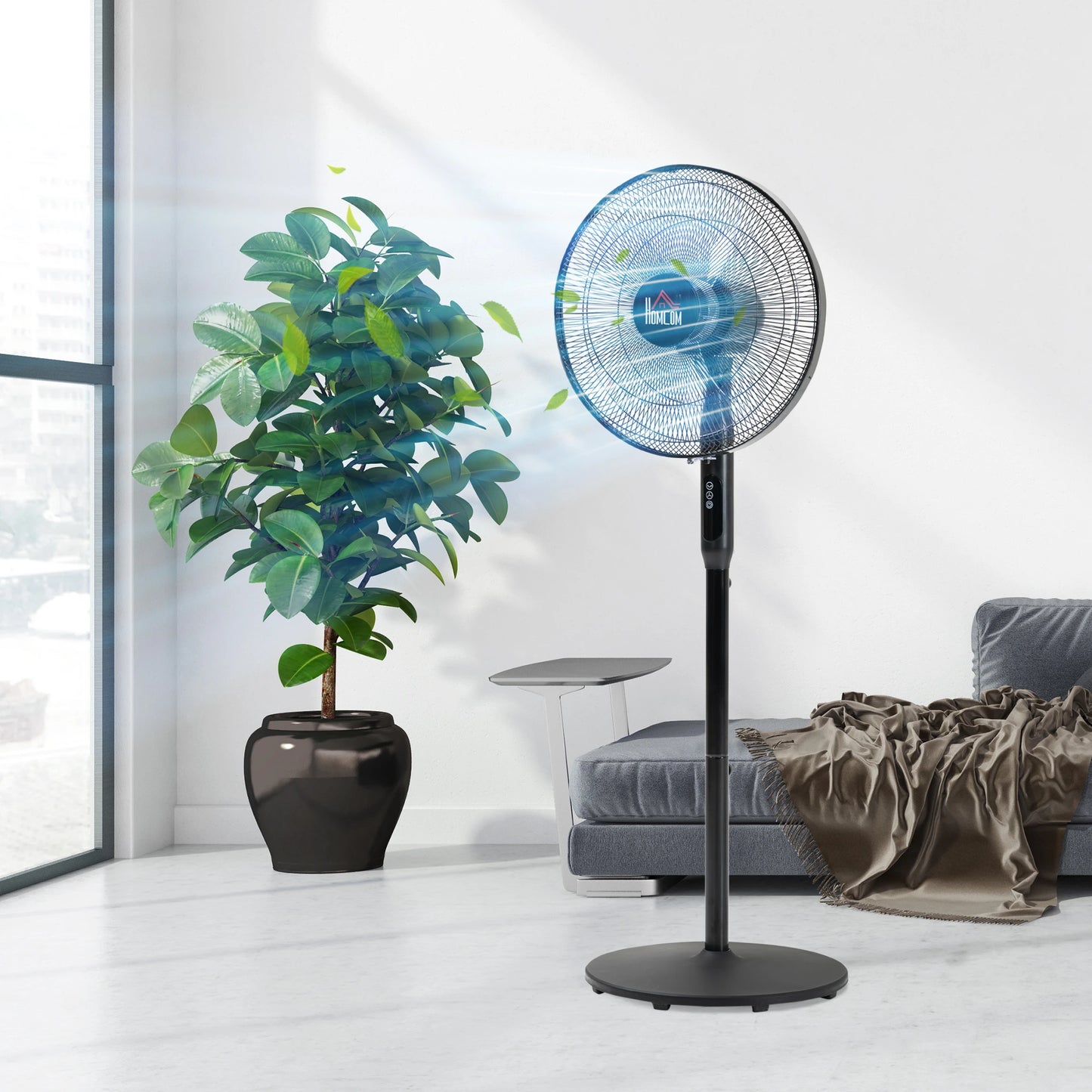 Floor Standing Fan with Remote Control, Oscillating, LED Screen, Stand Up Cooling Fan, Tall Pedestal Electric Fan for Home Bedroom, Black