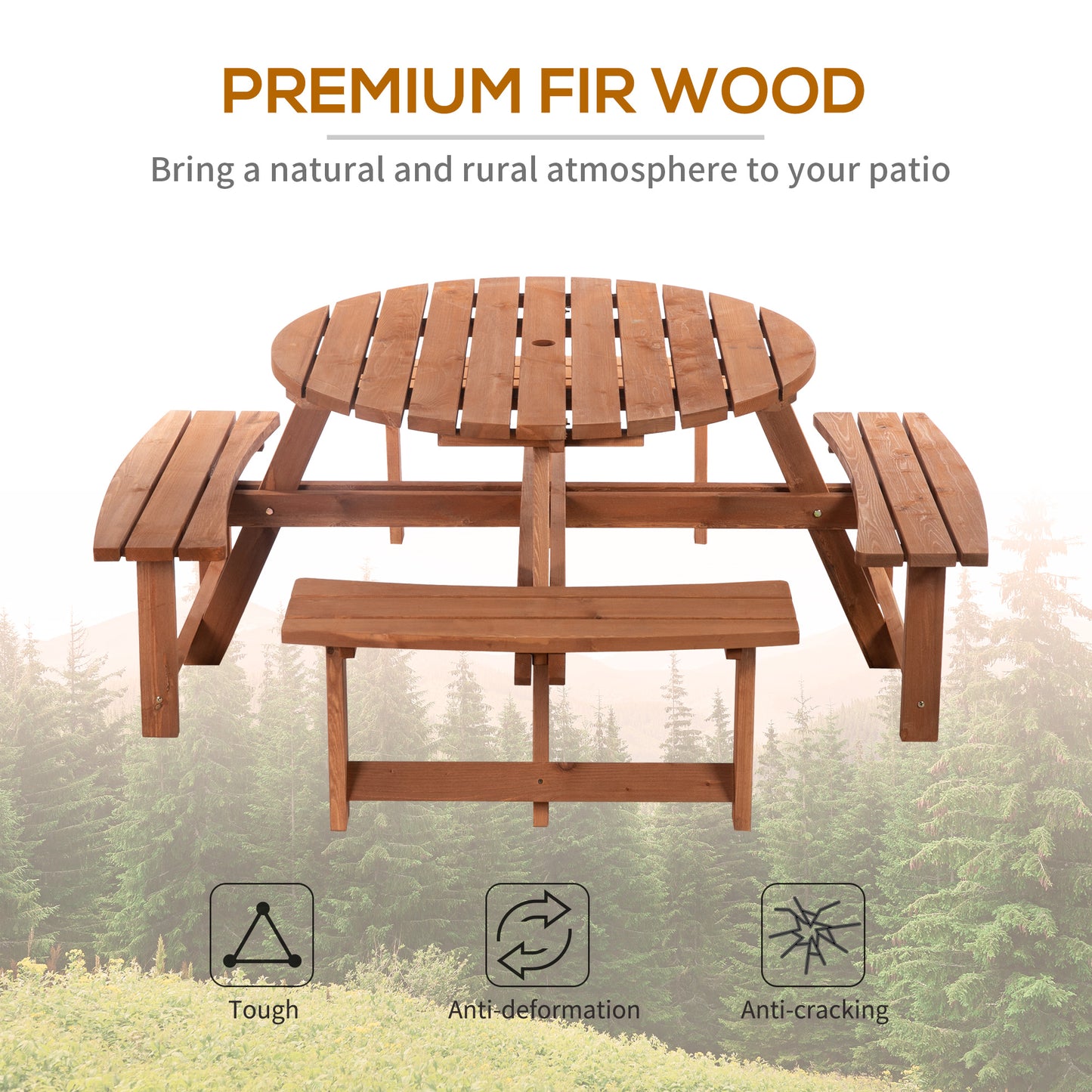 8 Seater Round Wooden Pub Bench & Picnic Table Garden Chair Dining Table Set for Outdoor Patio Deck Furniture