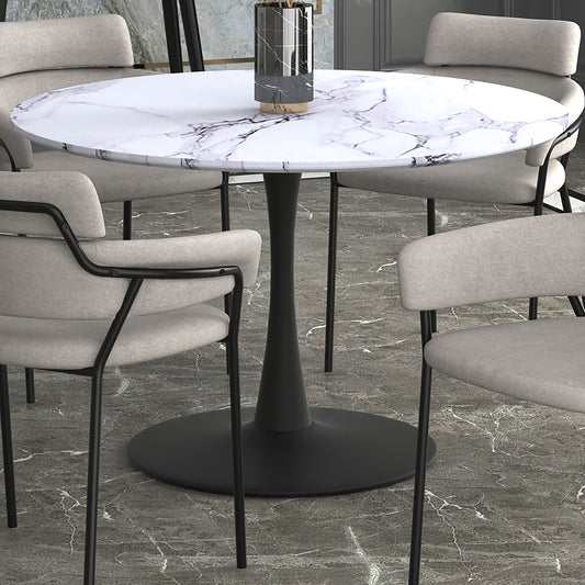 Zilo 48" Round Dining Table in White Faux Marble and Black