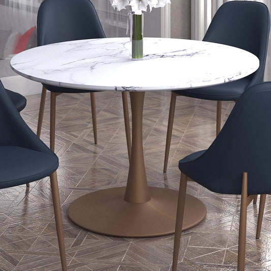 Zilo 48" Round Dining Table in White Faux Marble and Aged Gold