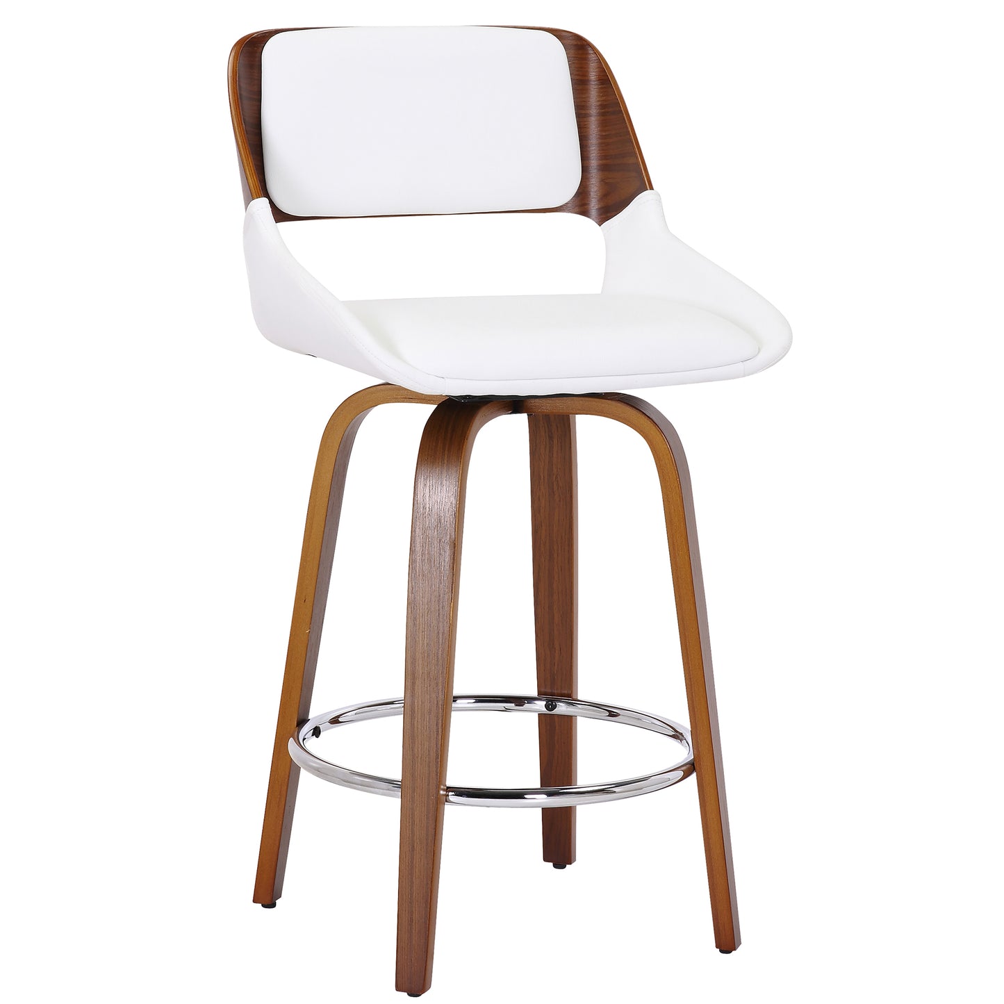 Hudson 26" Counter Stool with Swivel in White Faux Leather and Walnut