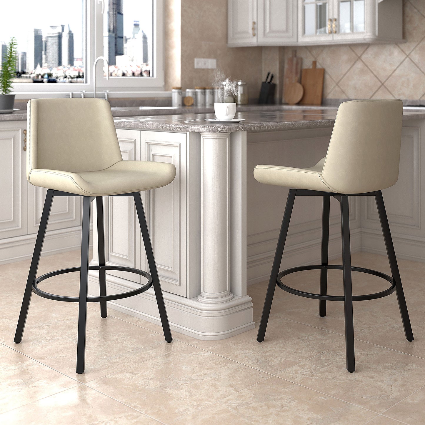 Fern 26" Counter Stool, set of 2, with Swivel in Vintage Ivory Faux Leather and Black