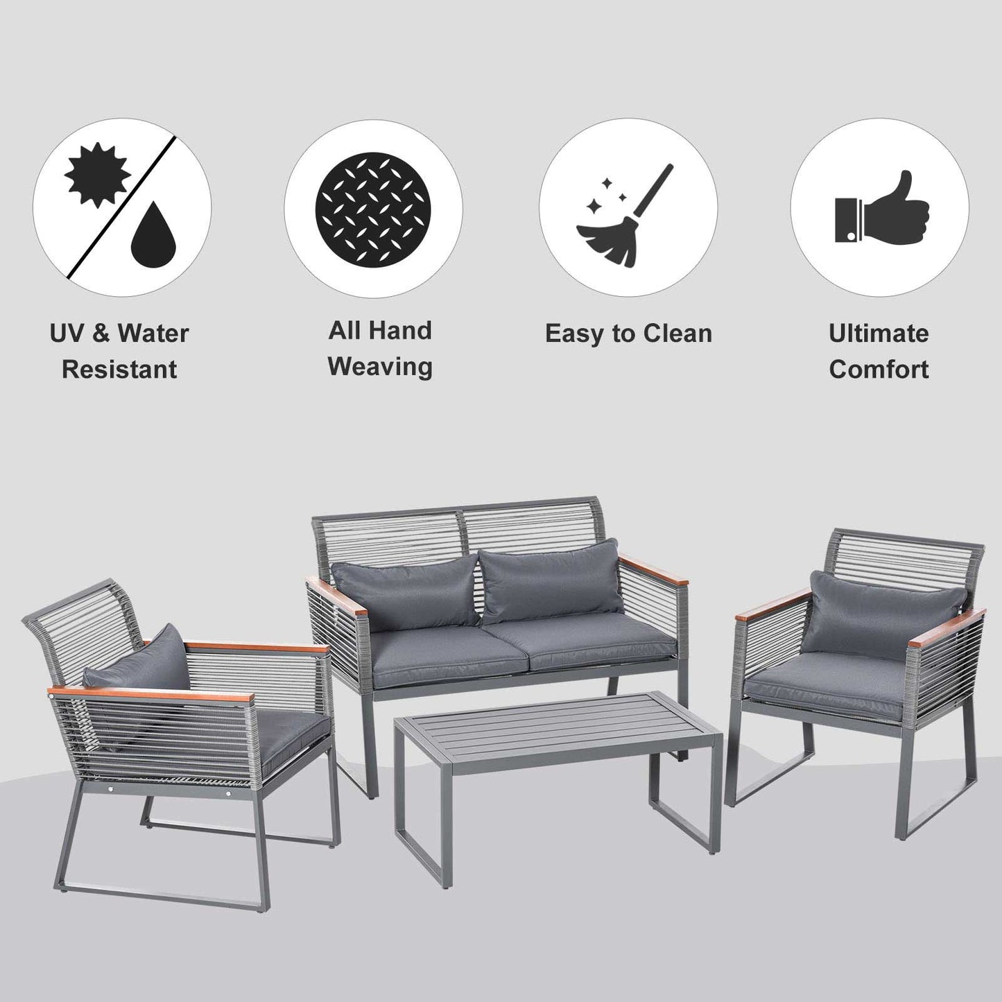 Outsunny 4pc Rattan Wicker Sofa Set Garden Conservatory Sofa Furniture w/ Steel Tea Table & Cushioned Grey