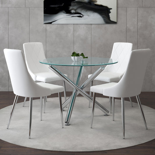 Solara/Devo 5pc Dining Set in Chrome with White Chair