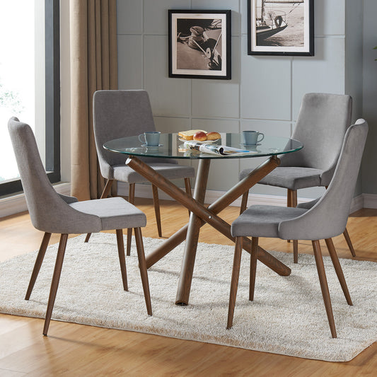 Rocca/Cora 5pc Dining Set in Walnut with Grey Chair