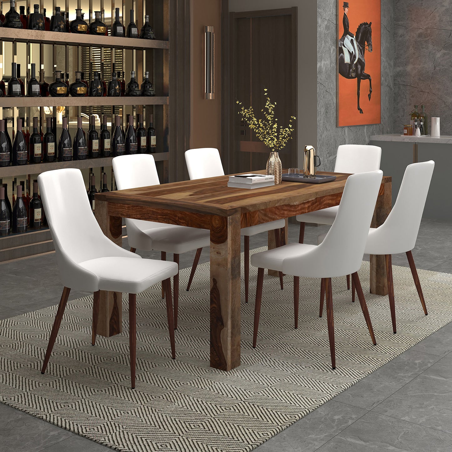 Krish/Cora 7pc Dining Set in Sheesham with White Chair