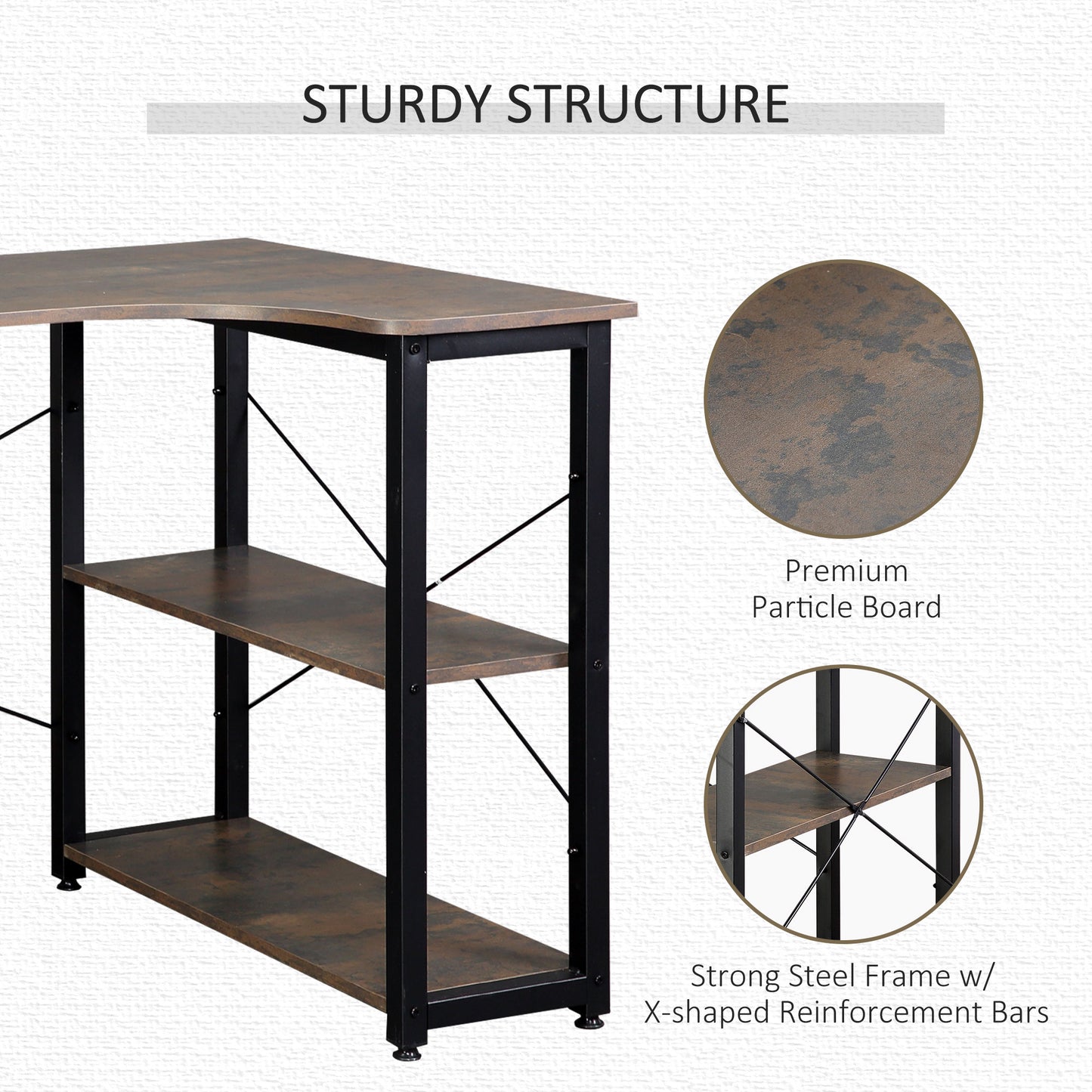 Shaped Computer Desk Home Office Corner Desk Study Workstation Table with 2 Shelves, Steel Frame, Brown