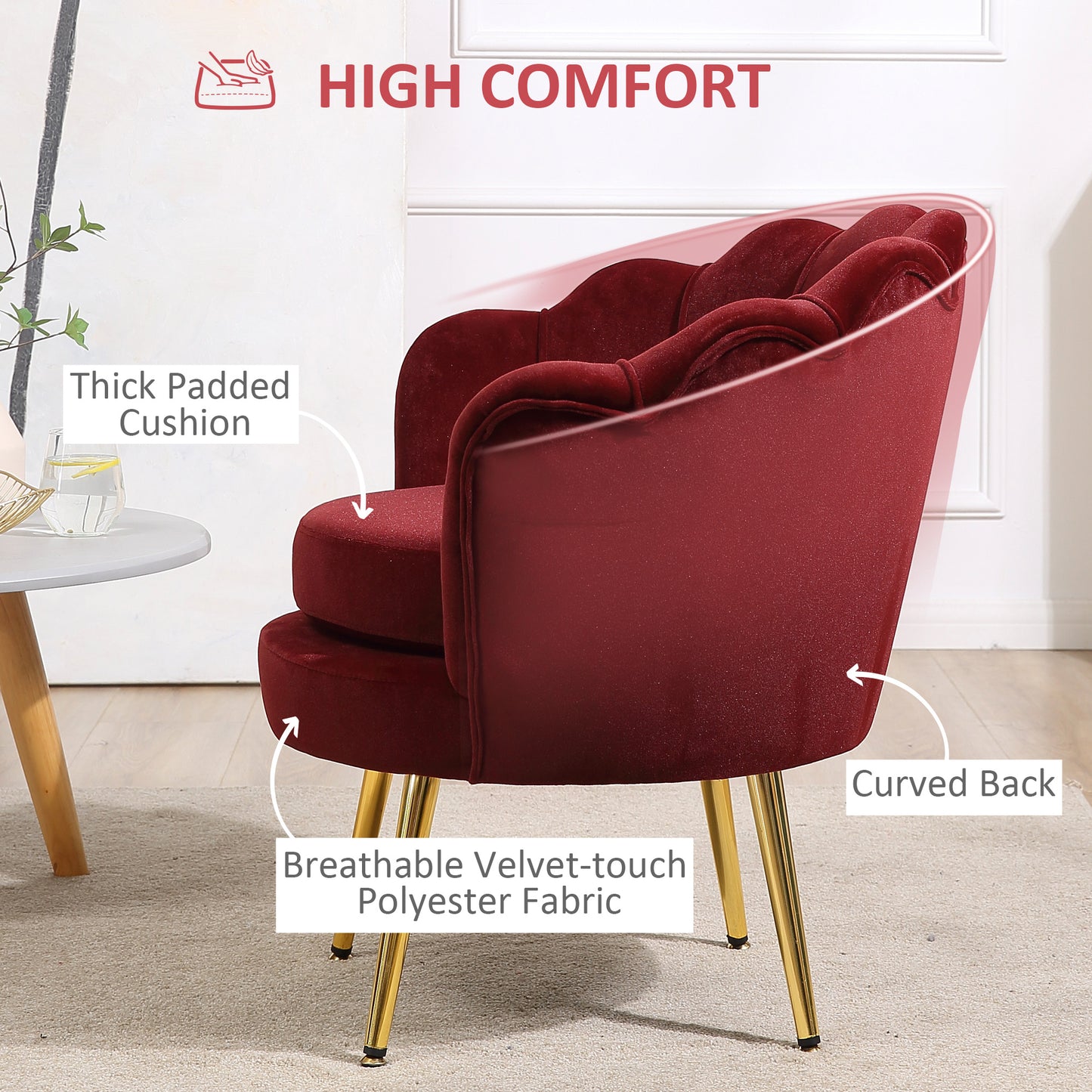 Modern Accent Chair, Velvet-Touch Fabric Leisure Club Chair with Gold Metal Legs for Living Room Bedroom, Wine Red