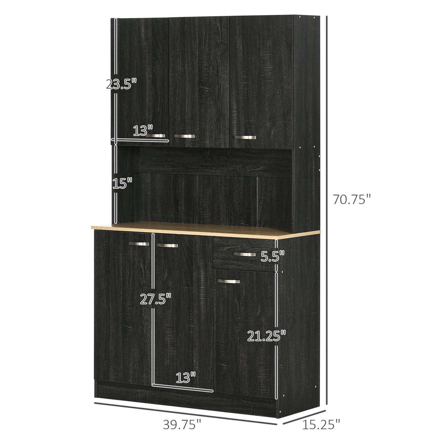 71" Modern Buffet with Hutch, Standing Kitchen Hutch with Storage Cabinets, Drawer, Open Space with Microwave Stand, Black