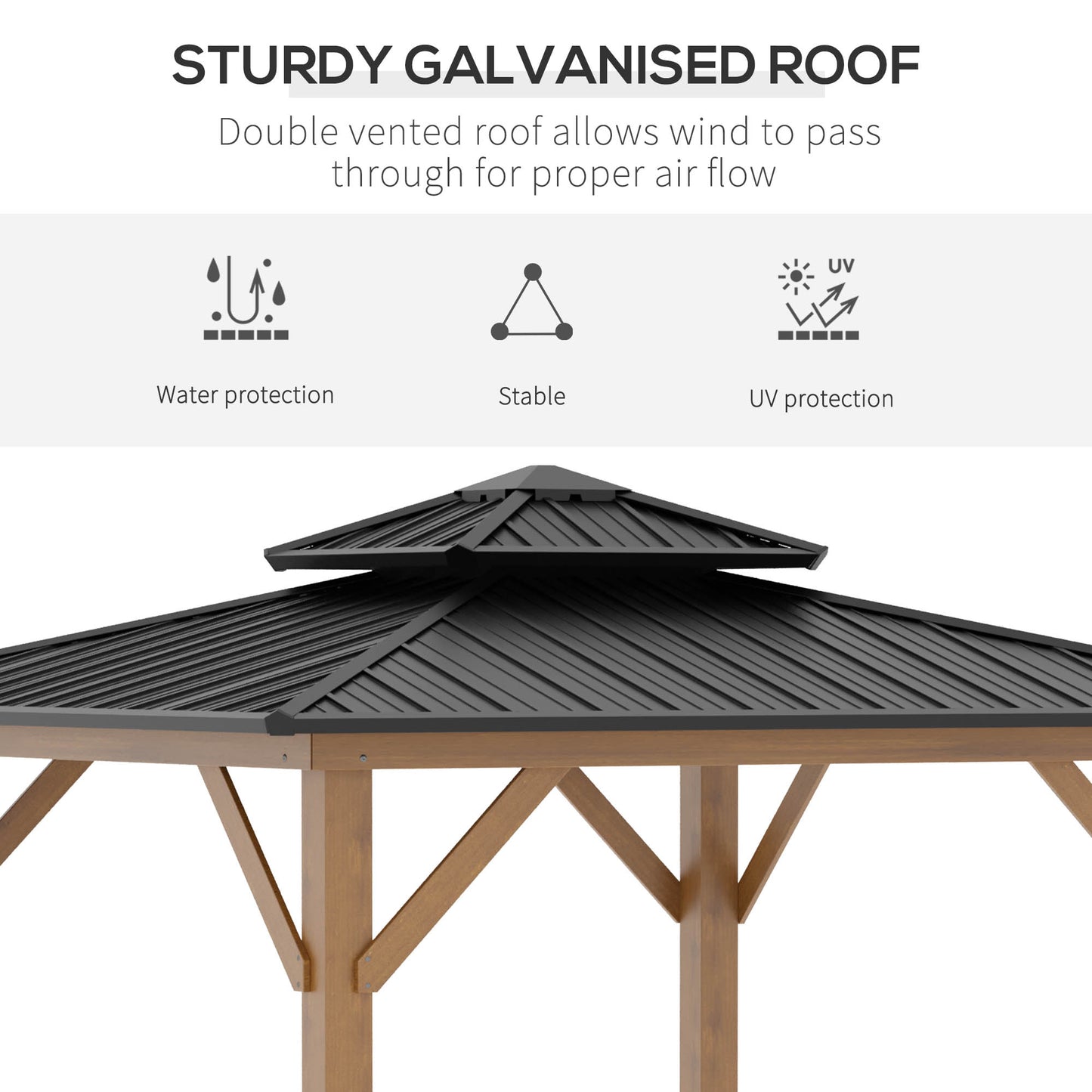 11' x 11' Wood Frame Hardtop Gazebo Galvanized Steel Canopy Outdoor Shelter with Double Vented Roof for Garden, Lawn, Poolside, Black