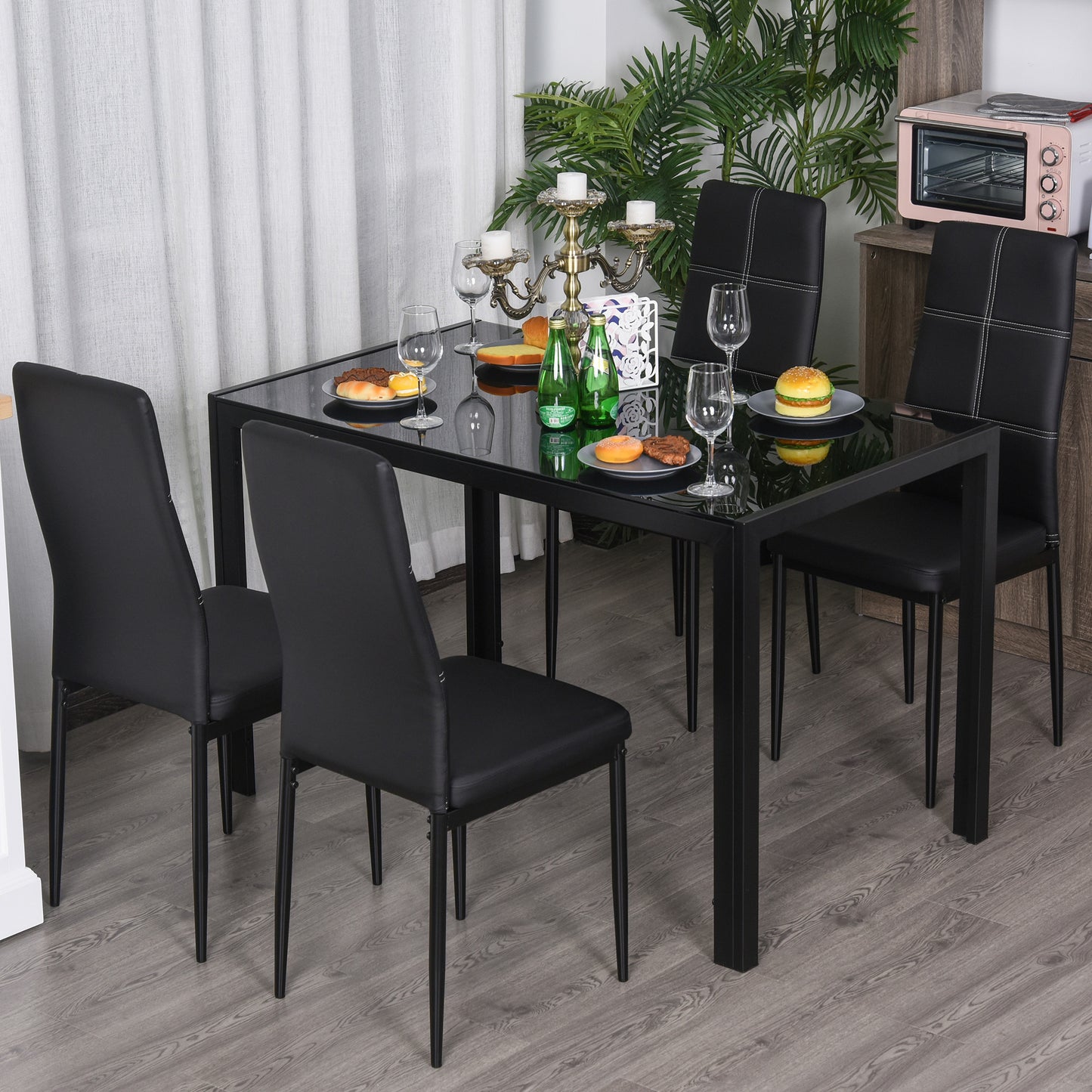 Dining Table Set for 4, 5-Piece Rectangular Glass Kitchen Table with Chairs with Metal Frame and Faux Leather Upholstery, for Diniing Room, Living Room, Black