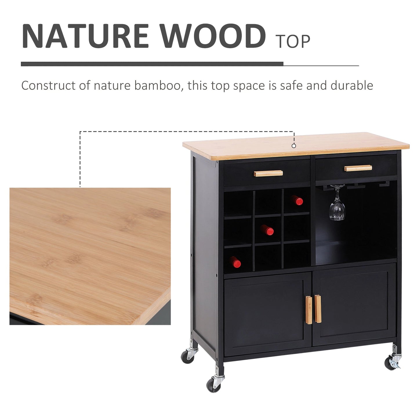 Portable Kitchen Trolley with Bamboo Top Storage Cabinet and Wine Rack (Black )