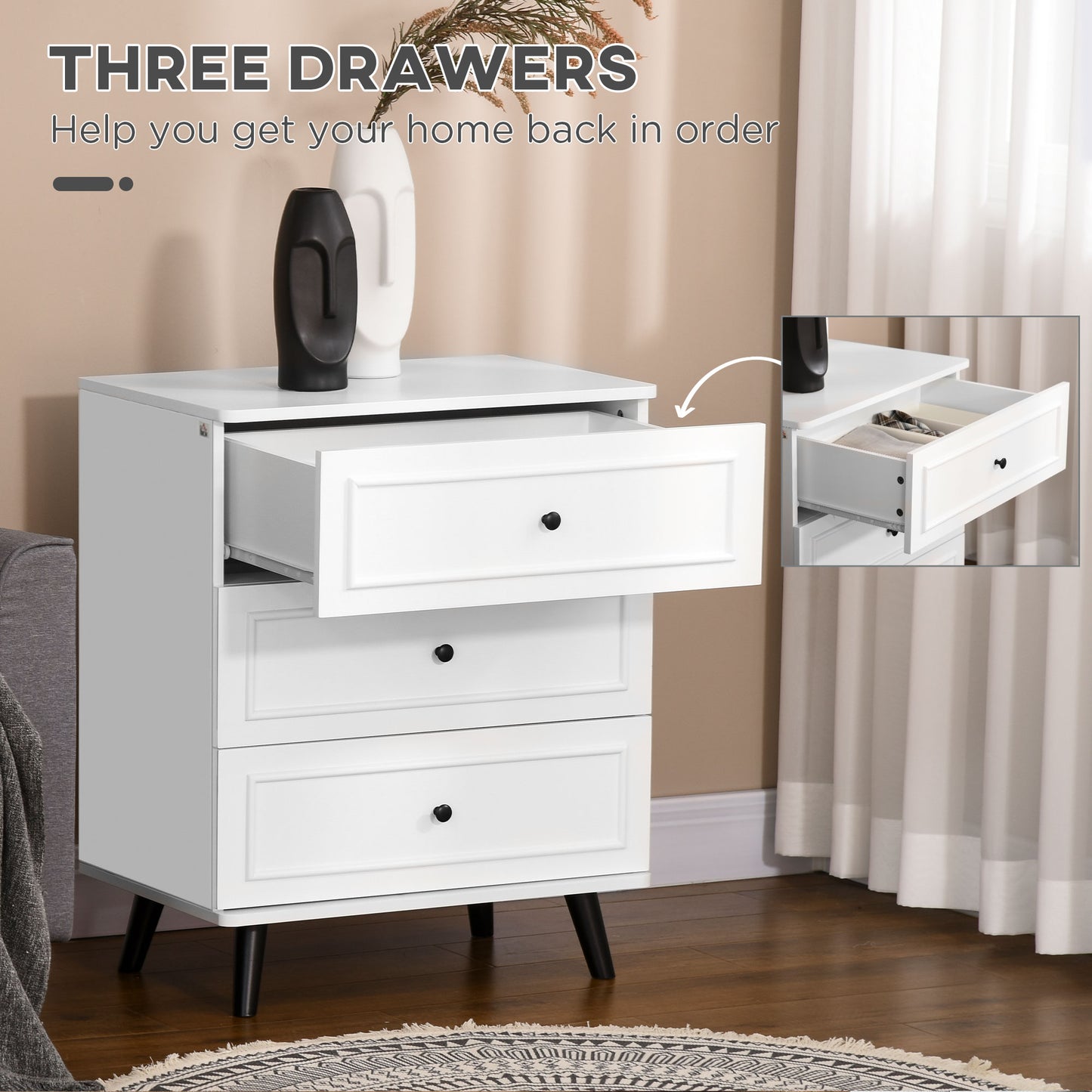 3 Drawer Dresser, Chest of Drawers Storage Cabinet with Solid Wood Legs and Handles for Living Room, White