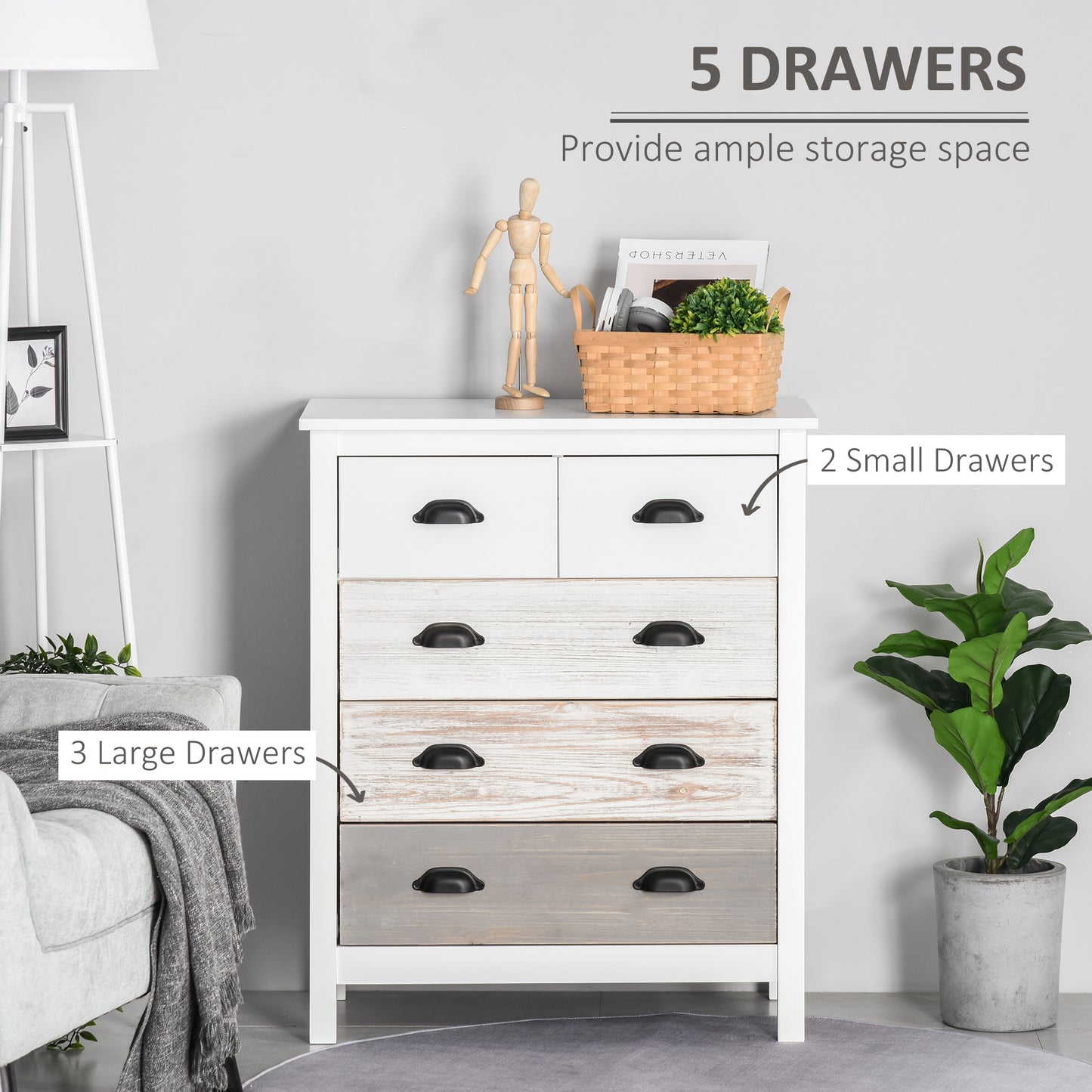 Chest of Drawers, 5 Drawers Storage Cabinet Bedroom Clothes Closet for Living Room, Multi-Color