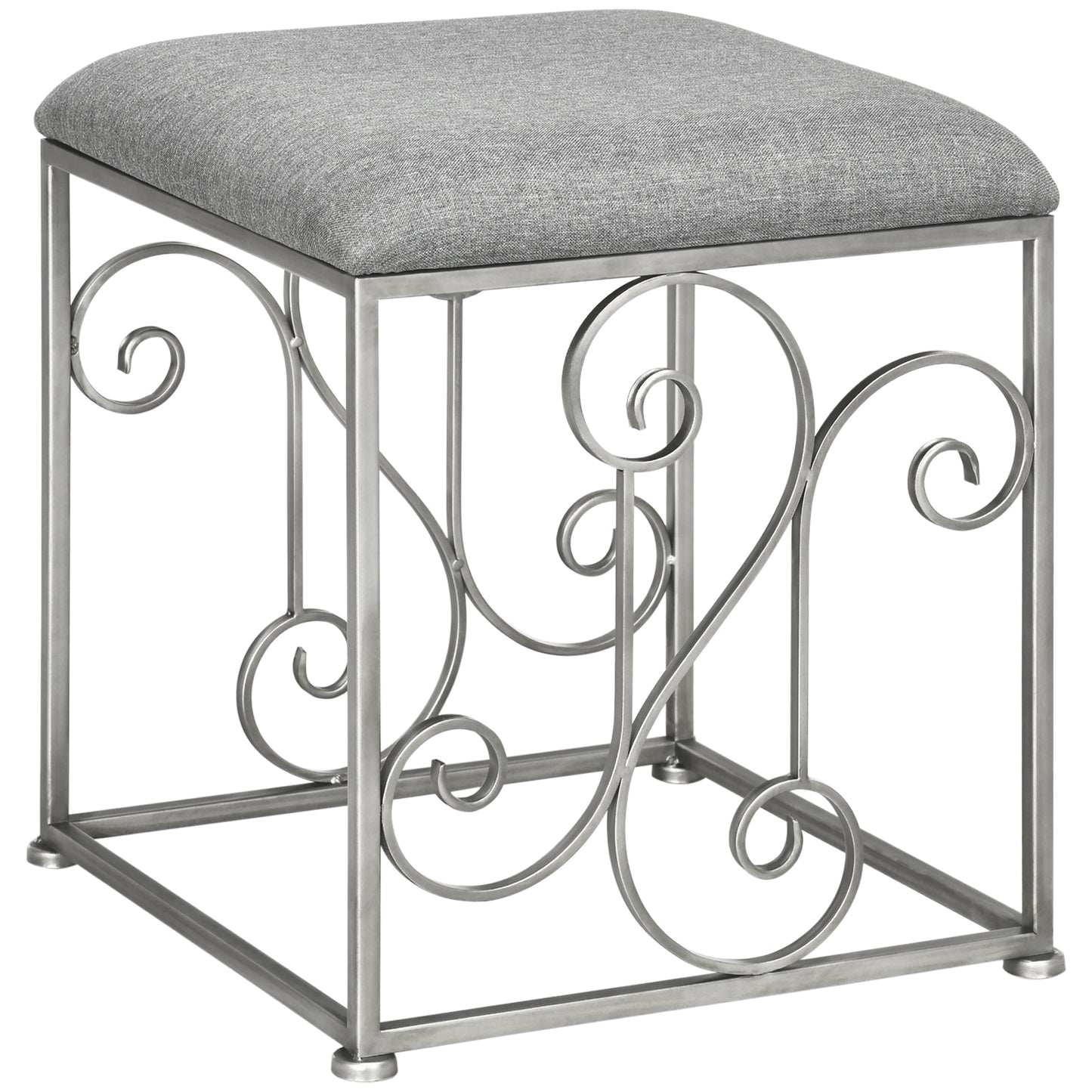 Vintage Foot Stool, French Ottoman with Linen Touch Fabric Upholstered Seat and Steel Base, Vanity Stool for Bedroom, Living Room, Grey