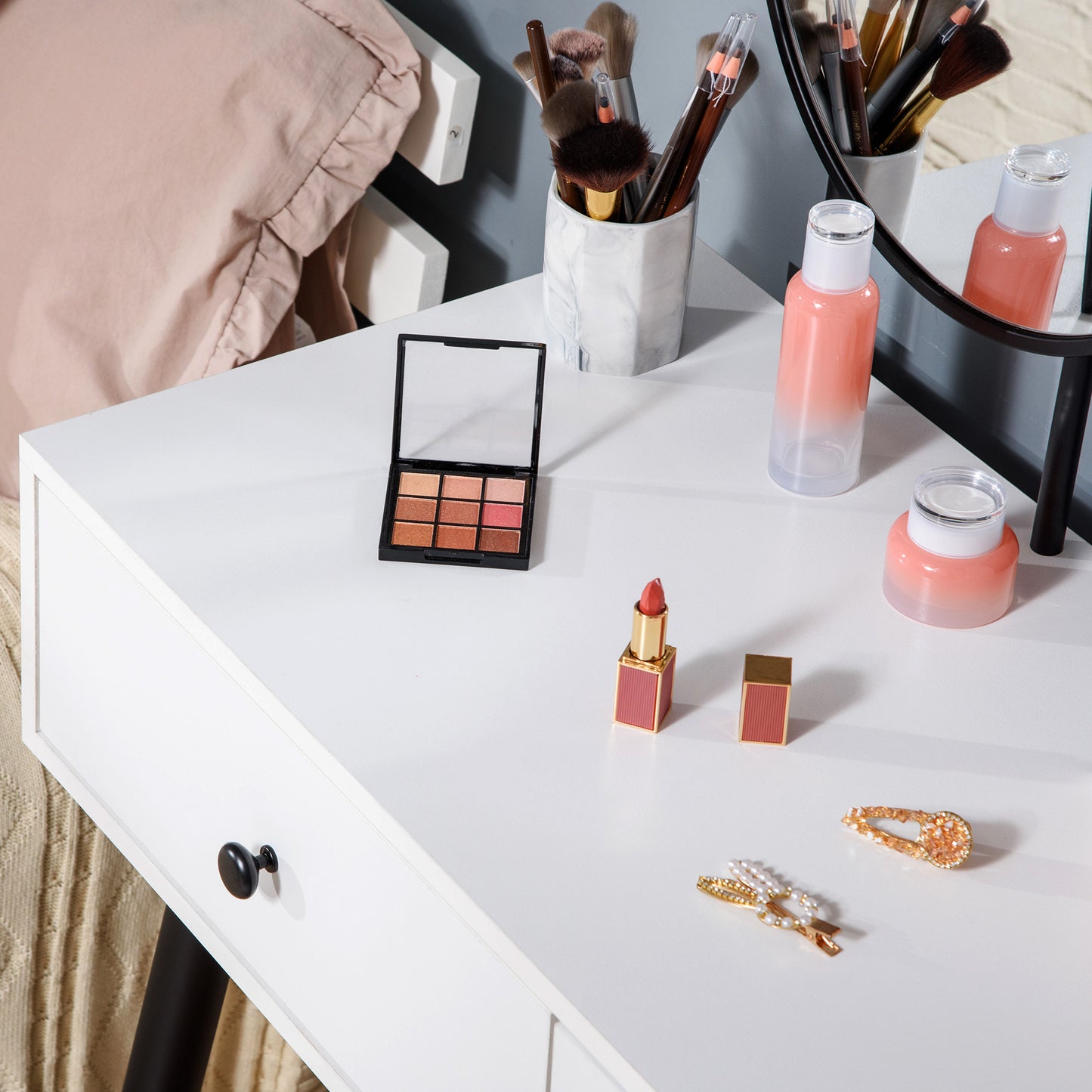 Vanity Set, Makeup Dressing Table Set with Stool, Wood Vanity Desk with Mirror, Storage Drawers and Shelf for Bedroom, White and Black