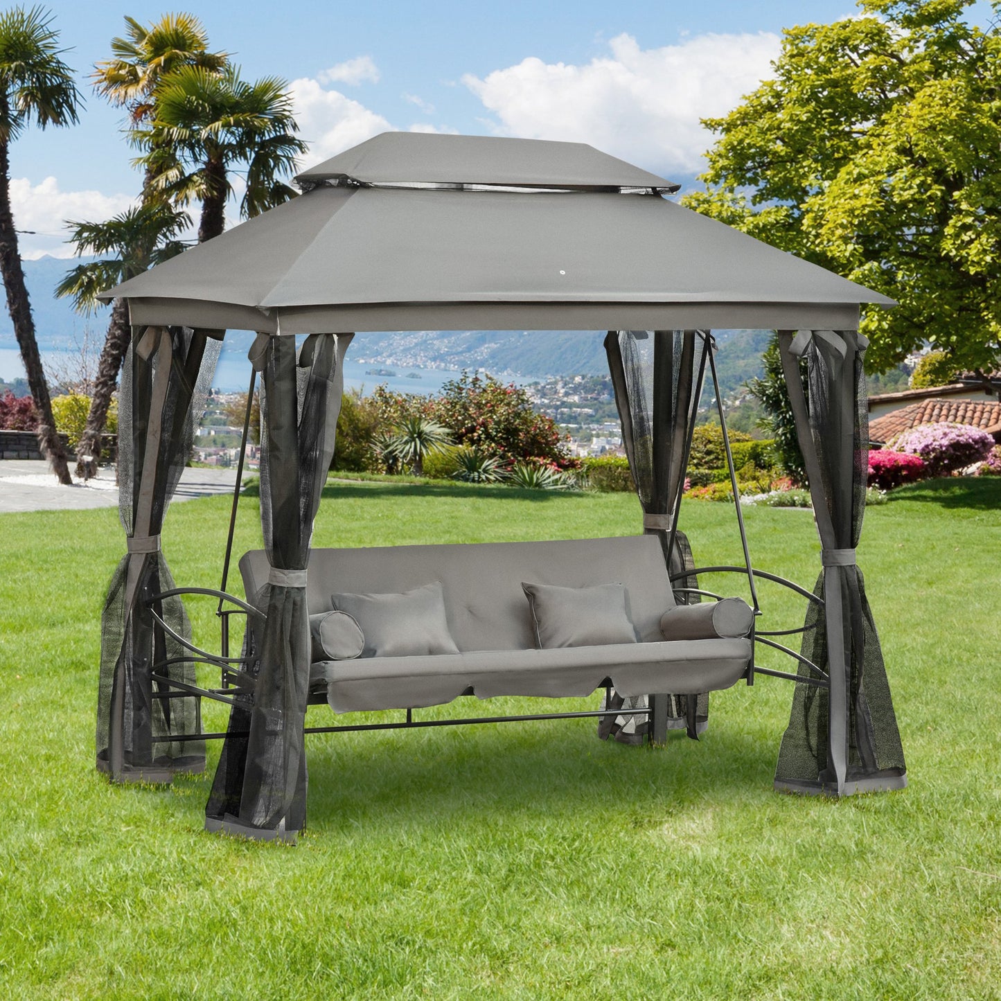 Outsunny 3 Person Outdoor Patio Daybed 3 in 1 Canopy Gazebo Swing Chair Garden Hammock with Mesh Mosquito Net and Sun Shade,Grey