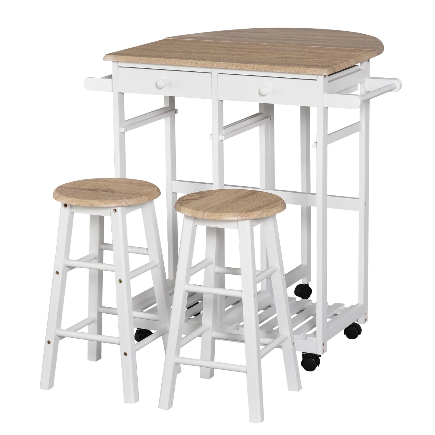Kitchen Trolley 3 Piece Kitchen Cart Set Drop Leaf Breakfast Table and 2 Stools w/ Rolling Wheels & Towel Bars, Wood & White